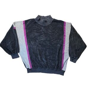 VTG SK Sport Women Velour Sweatshirt‎ Black Grey Purple Colorblock Mock Neck L